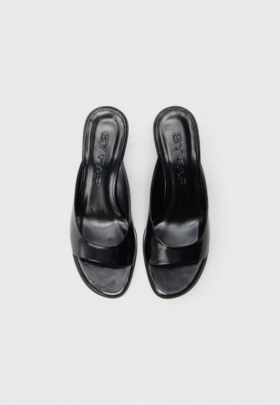 Black leather slip-on heeled sandals with an open toe, featuring a wide band across the foot and a smooth, glossy texture.