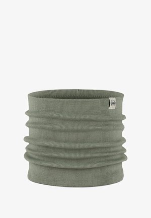 Olive green tubular neck gaiter made of stretchy fabric, featuring a textured ribbed pattern and a small logo tag.