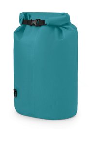 Saco seco impermeable color verde azulado con un cierre de plástico negro, forma cilíndrica, superficie texturizada y un punto de sujeción lateral.