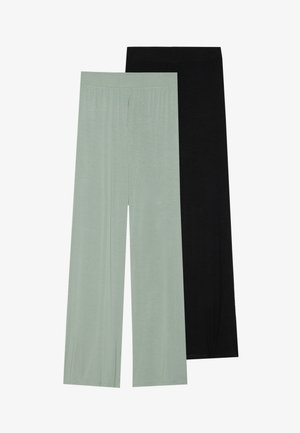 Dva para hlač s širokimi nogavicami: ena v svetlo zeleni in ena v črni barvi. Mehka tkanina z elastičnim pasom, ki prikazuje preprost, gladek teksturo.