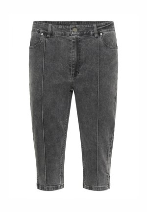 Pantaloni capri din denim negru uzat, cu talie înaltă, buzunare frontale și posterioare, bucle pentru curea, închidere cu nasture și detalii cu cusături verticale.