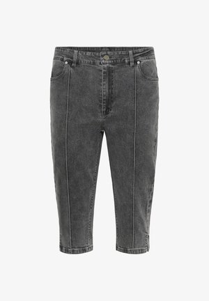 High-waisted, faded black denim capri pants with front and back pockets, belt loops, button closure, and vertical seam detailing.