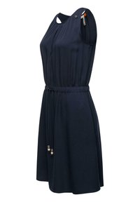 Rochie bleumarin, până la genunchi, fără mâneci, cu decolteu rotund, talie elastică, cordon cu accente din mărgeluțe și detalii plissate în față.