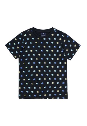 T-shirt a maniche corte in cotone nero, caratterizzato da un motivo di piccoli loghi multicolori in un design ripetuto. Collo tondo e vestibilità rilassata.