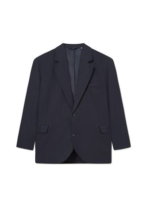 Ciemnoniebieska marynarka wykonana z lekkiego materiału, z wyłogoami, dwoma guzikami, bocznymi kieszeniami oraz gładką podszewką.