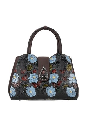 Geantă de mână neagră cu mânere maro, decorată cu modele florale în relief albastre, roșii și galbene și o clemă triunghiulară argintie.