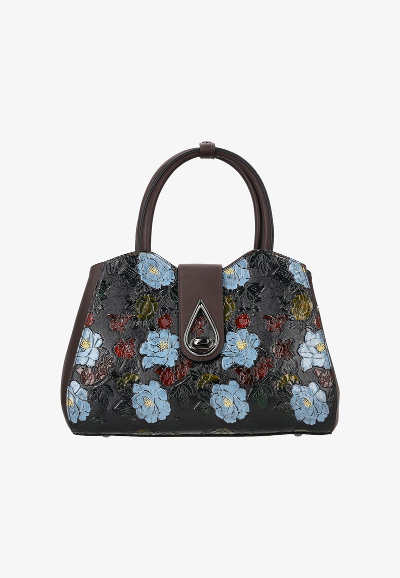 Sac à main noir avec des poignées marron, décoré de motifs floraux en relief bleus, rouges et jaunes, et d'une fermeture triangulaire argentée.