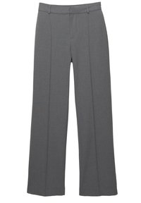 Pantalon gris à jambes larges avec une texture lisse, doté de plis avant et de poches. Confectionné dans un tissu léger, adapté aux tenues formelles.