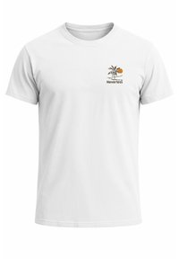 Weißes Baumwoll-T-Shirt mit kurzen Ärmeln, das ein kleines Palmen- und Sonnenmotiv in Grün und Orange sowie den Text "Neverless" zeigt.