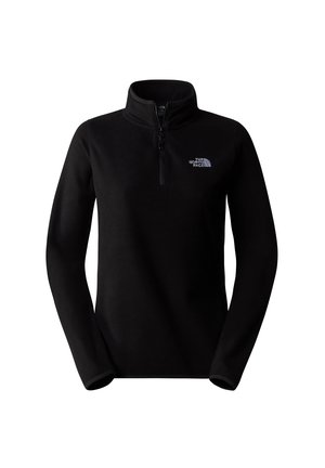 Czarna bluza polarowa z długim rękawem i suwakiem do połowy z logo The North Face na lewej piersi, zaprojektowana do noszenia na zewnątrz.