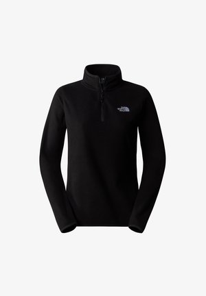 Czarna bluza polarowa z długim rękawem i suwakiem do połowy z logo The North Face na lewej piersi, zaprojektowana do noszenia na zewnątrz.