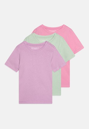 Three short-sleeve T-shirts in lavender, mint green, and light pink. Made from soft cotton with a classic crew neckline.