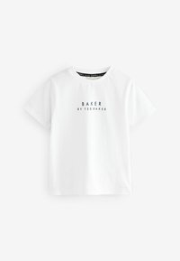 Valge puuvillane t-särk lühikeste varrukatega, ümara kaelusega, ees on sinises kirjas trükitud tekst "BAKER BY TEDBAKER".