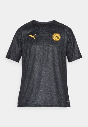 Black short-sleeve sports shirt with a textured pattern, yellow Puma logo on the chest, and circular yellow BVB 09 emblem.