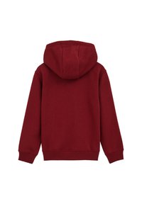 Felpa con cappuccio rossa realizzata in morbido cotone misto, con maniche lunghe, polsini a coste e una tasca a marsupio. Vista posteriore, senza decorazioni.