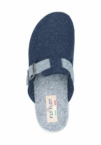 Navy felt slipper with gray felt strap and silver buckle, featuring a cushioned insole and textured sole for comfort and grip.