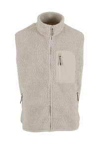 Beige fleece vest with high collar, front zipper, and chest pocket. Features a textured surface and side zip pockets.