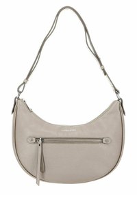 Borsa a spalla in pelle grigia con forma curva, tasca frontale con zip e tracolla removibile. Presenta il logo del marchio in rilievo sul fronte.