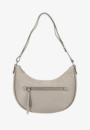 Sac à bandoulière en cuir gris avec une forme incurvée, une poche zippée à l'avant et une bandoulière amovible. Présente le logo de la marque en relief à l'avant.