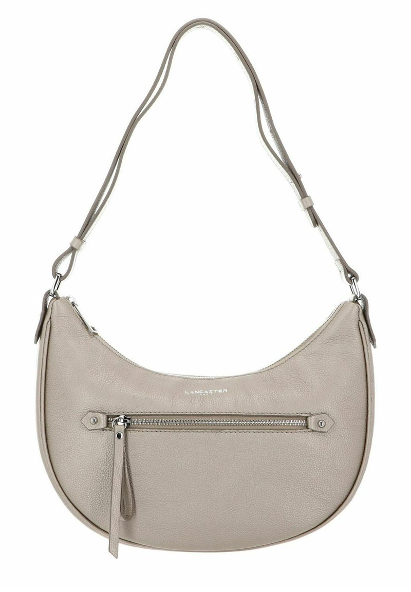 Borsa a spalla in pelle grigia con forma curva, tasca frontale con zip e tracolla removibile. Presenta il logo del marchio in rilievo sul fronte.