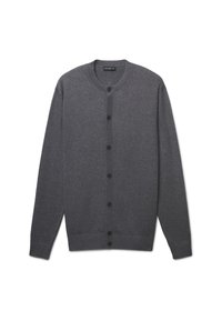 Cardigan grigio a maglia con colletto rotondo, bottoni neri sul davanti e polsini e orlo a coste. Texture morbida e design semplice.