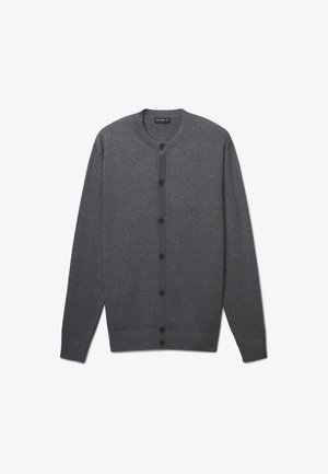 Grau gestrickte Strickjacke mit Rundhalsausschnitt, schwarzen Knöpfen auf der Vorderseite und gerippten Bündchen und Saum. Weiche Textur und einfaches Design.