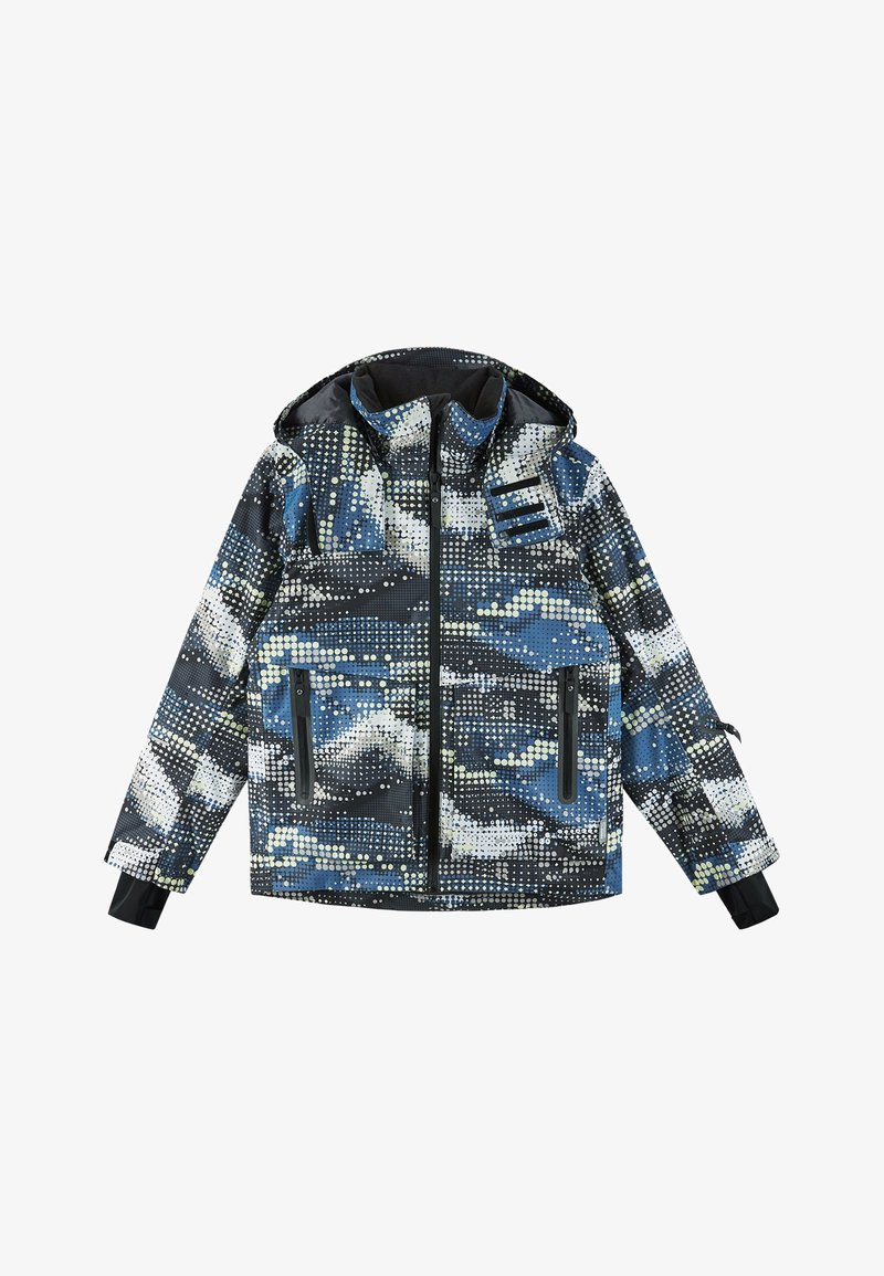 Chaqueta azul y negra con un patrón geométrico de puntos. Presenta una capucha, cierre frontal con cremallera y dos bolsillos laterales. Tejido texturizado.