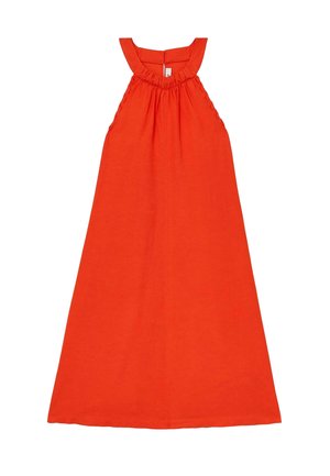 Czerwona sukienka bez rękawów z marszczonym dekoltem, w kształcie litery A, o gładkiej fakturze. Posiada zamek z tyłu i prosty fason.