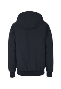 Marineblaues Kapuzensweatshirt mit glatter Textur, elastischen Bündchen und einem elastischen Saum. Einfaches Design, keine sichtbaren Beschläge oder Taschen auf der Rückseite.