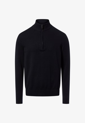 Langärmliger schwarzer Strickpullover mit einem gerippten hohen Kragen und einem halben Reißverschluss in der vorderen Mitte.