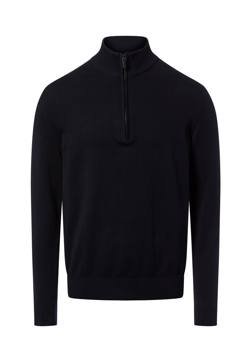 Zwart gebreide trui met lange mouwen, een geribde hoge kraag en een halve ritssluiting aan de voorkant in het midden.