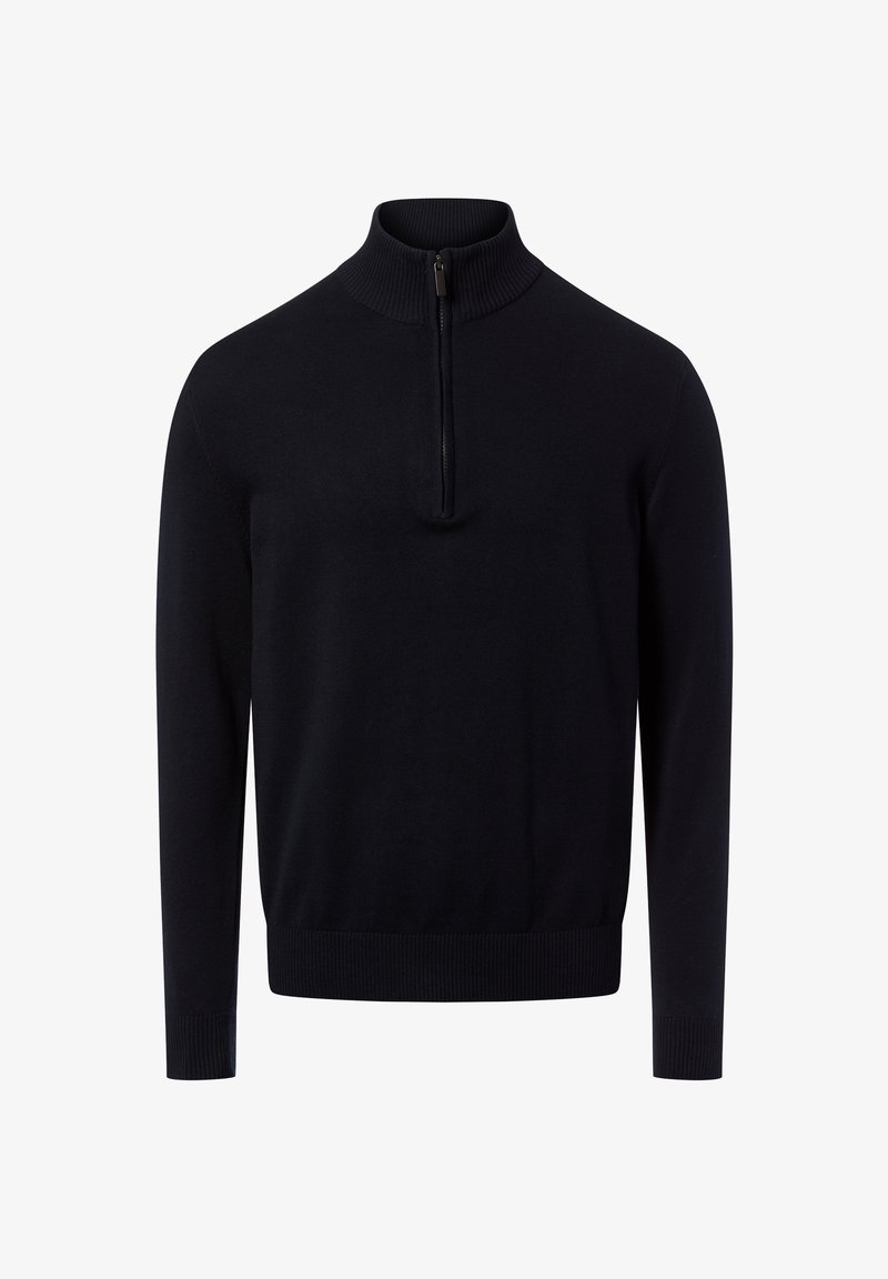 Zwart gebreide trui met lange mouwen, een geribde hoge kraag en een halve ritssluiting aan de voorkant in het midden.