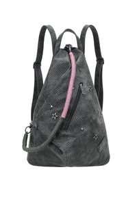 Sac à dos noir texturé de forme triangulaire, avec un accent en corde rose, des embellissements en étoile argentés et une poche zippée à l'avant.