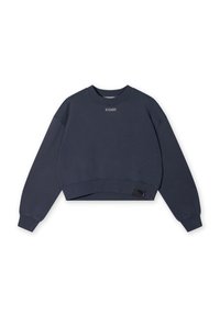 Felpa corta blu con maniche lunghe, colletto a coste e un piccolo logo frontale. Presenta un'etichetta sul lato. Realizzata in materiale misto cotone.