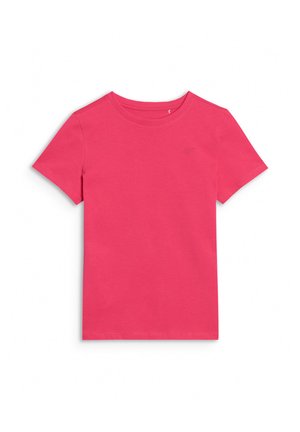 Jasnoróżowy t-shirt z krótkim rękawem i okrągłym dekoltem o gładkiej fakturze, ułożony płasko na białym tle.
