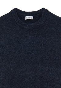 Pullover blu navy realizzato in tessuto morbido e testurizzato, con scollatura rotonda e dettagli a coste sui polsini. Etichetta con la scritta "CALLIOPE," taglia L.