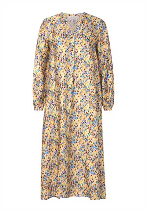 Vestido de manga larga en tela ligera con un estampado floral en tonos de amarillo, azul y marrón; cuenta con un escote en V y cierre de botones.