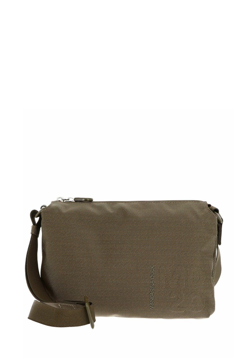 Olivgrüne Stofftasche mit strukturierter Oberfläche, Reißverschluss, verstellbarem Riemen und dezentem, seitlich geprägtem Logodetail.