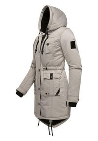 Long, light gray insulated jacket featuring a hood, black accents, multiple pockets, and adjustable drawstring at the hem and cuffs.