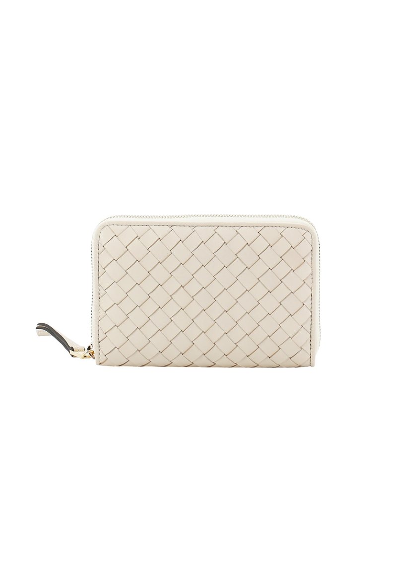 Beige woven leather wallet with a zip closure, featuring a textured, braided design and a gold hardware accent.
