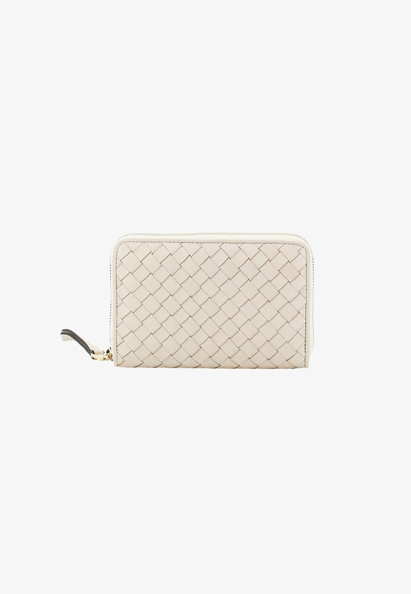 Beige woven leather wallet with a zip closure, featuring a textured, braided design and a gold hardware accent.