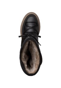 Black waterproof winter boot with faux fur lining, round toe, lace-up design, and rubber sole. Black exterior with tan sole and stitching detail.