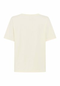 T-shirt uni blanc cassé à manches courtes avec col rond, vu de dos sur un fond blanc.