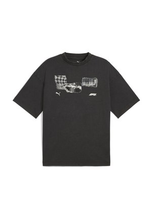 Czarna bawełniana koszulka z krótkim rękawem, z nadrukiem graficznym przedstawiającym elementy szachownicy i tekstu. Kołnierz typu crew neck.