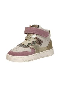 Beige hoge sneakers voor kinderen van suède, met roze, gouden accenten, een luipaardprintdetail en een klittenbandsluiting met crèmekleurige veters.