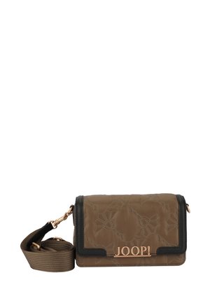Brown fabric crossbody bag with embossed floral pattern, black accents, and a gold-tone logo. Features a detachable, textured shoulder strap.