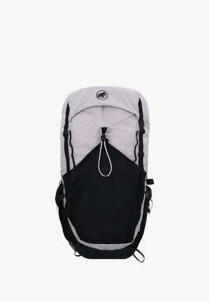 Lichtgrijze en zwarte rugzak voor wandelen met bovenklep, voorvak van mesh met koord, zijklittenbanden en een ronde mammoetlogo bovenop.