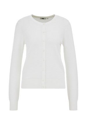 Baltas, tekstūruotas megztinis su apvalia iškirpte, visa priekyje užsegamas mygtukais ir ilgomis rankovėmis. Rankogaliai ir apačia su dygsniuota juostele.