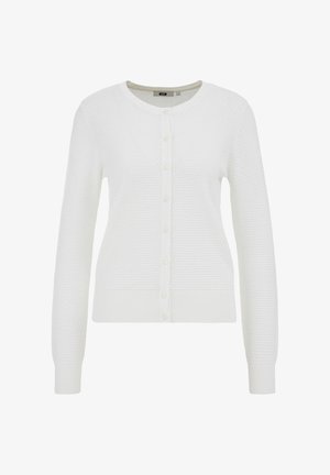 Biely pletený sveter so štruktúrou, okrúhlym výstrihom, zapínaním na celé gombíky a dlhými rukávmi. Lemované manžety a spodný lem.