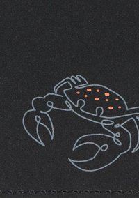 Dessin de crabe en contour avec des taches orange sur un fond sombre texturé, avec des pinces et des pattes détaillées.